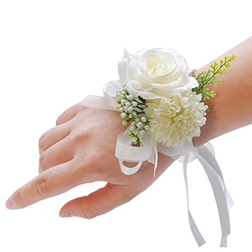 SHTGOI Rose Blumenarmband Braut Brautjungfer Hand Blume Schleifenband Handgelenkblume Handgefertigte Seidenblume Armband Zubehör für Hochzeit Bankette Brautjubiläum Abschlussball Weiss von SHTGOI