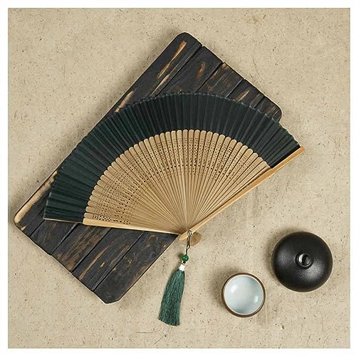 SHTGOI Seide Faltfächer Bambus Handfächer Chinesischer Vintage Stil taschenfächer Hohlem Bambus Skelettfächer Handheld Fan mit Quasten für Party Hochzeit Geschenk 21cm Dunkelgrün+Bambusskelett 1# von SHTGOI