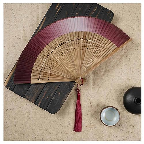 SHTGOI Seide Faltfächer Bambus Handfächer Chinesischer Vintage Stil taschenfächer Hohlem Bambus Skelettfächer Handheld Fan mit Quasten für Party Hochzeit Geschenk 21cm Roter Farbverlauf 17# von SHTGOI