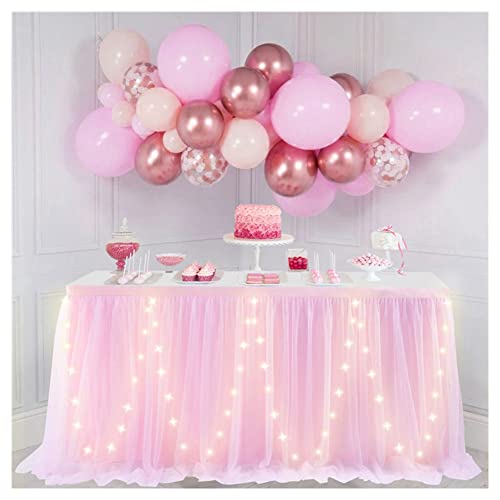 SHTGOI Tüll Tischrock Tütü Tischröcke 183 x 77 cm Gaze Tisch Tischdecke Tischdekoration Tisch Rock für Hochzeit Geburtstag Neujahr Babyparty Candy Party Dekoration Rosa mit LED von SHTGOI