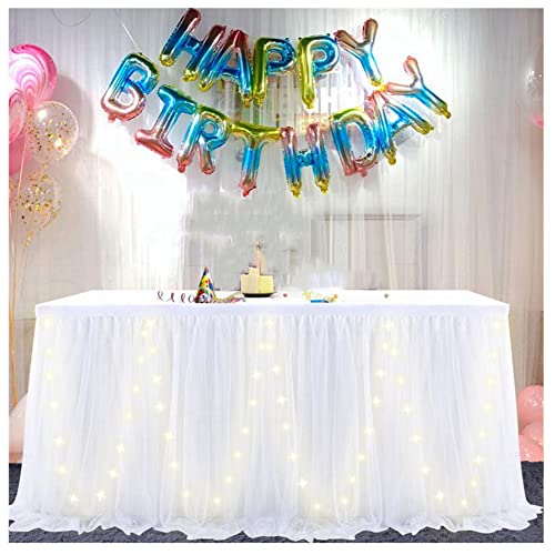 SHTGOI Tüll Tischrock Tütü Tischröcke 427 x 77 cm Gaze Tisch Tischdecke Tischdekoration Tisch Rock für Hochzeit Geburtstag Neujahr Babyparty Candy Party Dekoration Weiß mit LED von SHTGOI