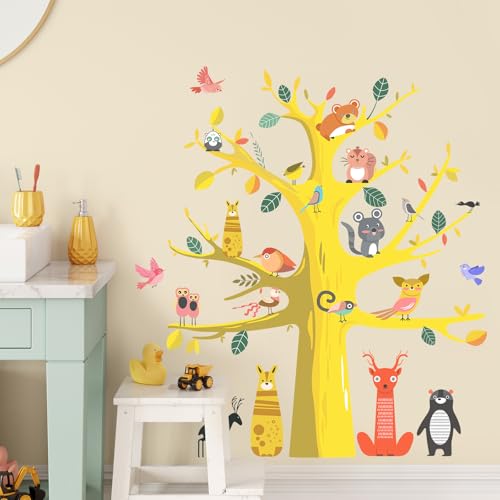 Wandtattoo Gelber Tiere Baum Wandaufkleber, Vögelchen Bär Hirsch Waldtier Wandsticker, Wanddeko für Babyzimmer Schlafzimmer Wohnzimmer Spielzimmer Kinderzimmer von SHUCHING