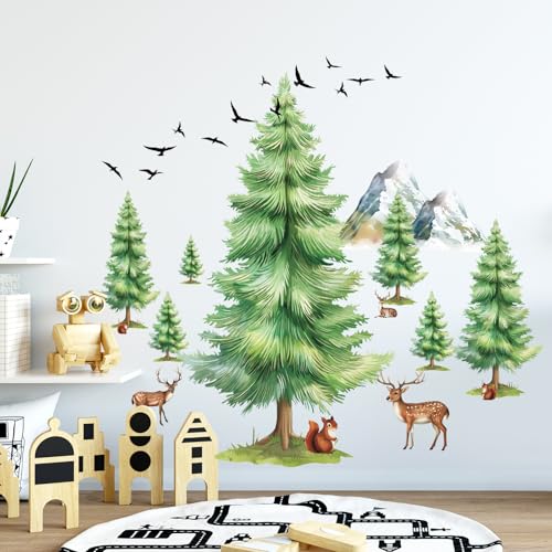 Wandtattoo Groß Kiefernbaum Wandaufkleber, Eichhörnchen Vogel Hirsche Waldtier Wandsticker, Wanddeko für Babyzimmer Schlafzimmer Wohnzimmer Spielzimmer Kinderzimmer von SHUCHING