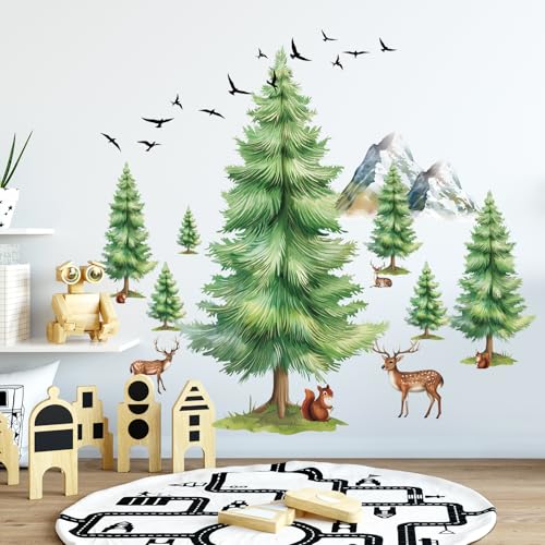 Wandtattoo Groß Kiefernbaum Wandaufkleber, Eichhörnchen Vogel Hirsche Waldtier Wandsticker, Wanddeko für Babyzimmer Schlafzimmer Wohnzimmer Spielzimmer Kinderzimmer von SHUCHING