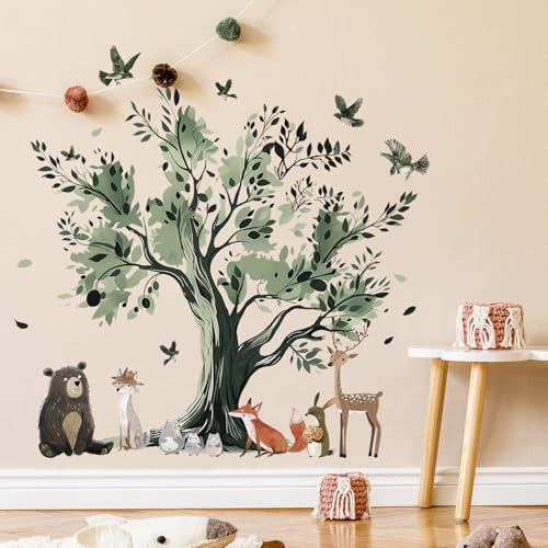 Wandtattoo Tiere Baum Wandaufkleber, Bär Hase Hirsch Waldtier Wandsticker, Wanddeko für Babyzimmer Schlafzimmer Wohnzimmer Spielzimmer Kinderzimmer von SHUCHING