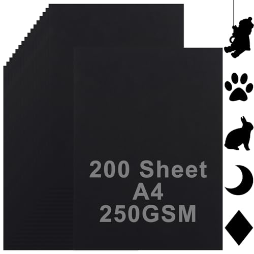 SHUESS 250 g/m² schwarze A4-Karte, 200 Blatt, schwarzes Papier, A4, dicke schwarze A4-Karte, ideal für selbstgemachte Karten, Scrapbooking, Grußkarten, Einladungen, Jubiläen von SHUESS