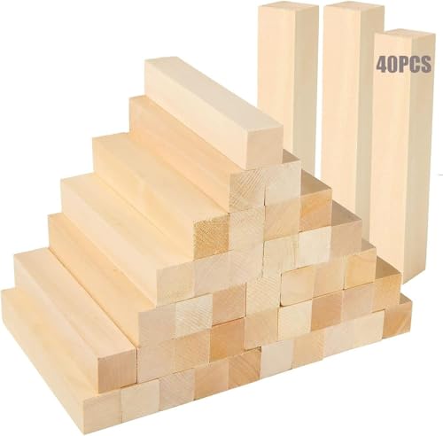 SHUESS 40 Stück Lindenholz-Schnitzblöcke, 15 x 2,5x 2,5 cm Holzblöcke zum Schnitzen Lindenholz zum Holzschnitzen Schnitz-Kit Basswood Holzschnitzholz, Holzblöcke für Kunst und Handwerk von SHUESS