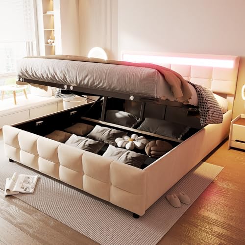 SHUGUANG Polsterbett 180x200 cm Moderner Minimalistischer Doppelbett mit LED-Leuchten, Hydraulisches Stauraumbett, Stabile Holzlatten und Metallrahmen, Holländischer Samtstoff, Jugendbett, Beige/Grau von SHUGUANG