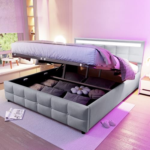 SHUGUANG Polsterbett 180x200 cm Moderner Minimalistischer Doppelbett mit LED-Leuchten, Hydraulisches Stauraumbett, Stabile Holzlatten und Metallrahmen, Holländischer Samtstoff, Jugendbett, Beige/Grau von SHUGUANG