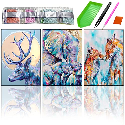 SHUIYUE Diamond Painting, 3Pack DIY 5D Diamant Painting Bilder Erwachsene, Diamond Painting Set Erwachsene Kinder Tiere Elefanten, FüChse, Rehe, Diamant Malerei für Home Wand Décor(30x40cm) von SHUIYUE