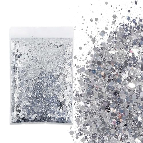 SHUOHONG 100g Glitzer Basteln Kinder, 3 Größen Gemischt Glitter, Groß Glitzer zum Basteln, Feiner Glitzer Wandfarbe, Pailletten Glitzerpulver für Make-up, Karten, Nagelkunst, DIY (Blitzsilber) von SHUOHONG