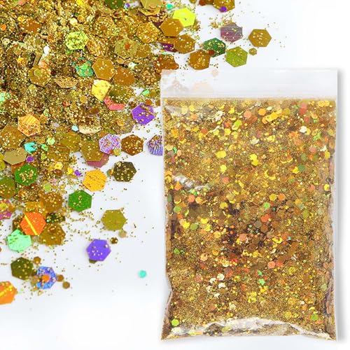 SHUOHONG 100g Glitzer Basteln Kinder, 3 Größen Gemischt Glitter, Groß Glitzer zum Basteln, Feiner Glitzer Wandfarbe, Pailletten Glitzerpulver für Make-up, Karten, Nagelkunst, DIY (Lasergold) von SHUOHONG