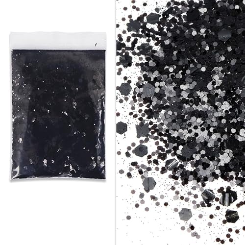 SHUOHONG 100g Glitzer Basteln Kinder, 3 Größen Gemischt Glitter, Groß Glitzer zum Basteln, Feiner Glitzer Wandfarbe, Pailletten Glitzerpulver für Make-up, Karten, Nagelkunst, DIY (Schwarz) von SHUOHONG