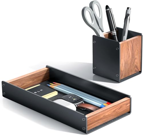 Walnussholz-Schreibtischablage mit Stifthalter Set, Natürliches Holz & Aluminium Stifteköcher Schreibtisch Büro Organizer Tablett für Schlüssel, Stift, Watch von SHUOSUO