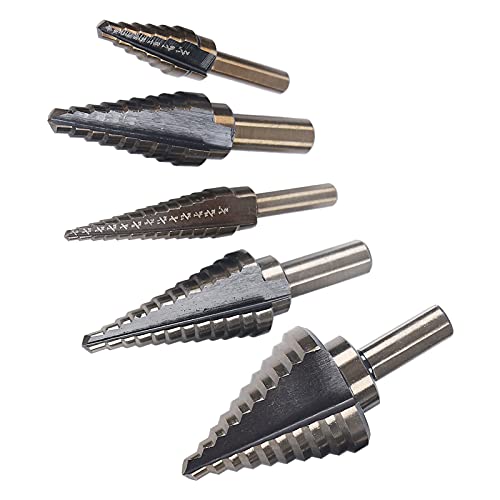 Stufenbohrer 5 tlg Kegelbohrer HSS Spiralnut Stufenbohrer Set Step Drill Bits Set Hochgeschwindigkeitsstahl Titanbeschichtet Spiralnut Stufenbohrer Set Bohrer für Edelstahl, Metall, Holz, Kunststoff von SHZICMY