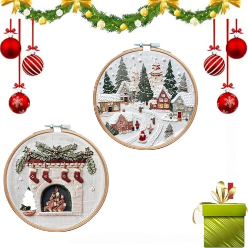 SIGANG 2pcs Christmas Embroidery Kit, Weihnachts Stickerei Set, Stickerei Set Anfänger Weihnachten, Weihnachts Häkelmuster, Kreuzstich Set Weihnachten Deko, mit Stickrahmen, Farbfäden und Werkzeuge von SIGANG