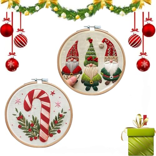 SIGANG 2pcs Christmas Embroidery Kit, Weihnachts Stickerei Set, Stickerei Set Anfänger Weihnachten, Weihnachts Häkelmuster, Kreuzstich Set Weihnachten Deko, mit Stickrahmen, Farbfäden und Werkzeuge von SIGANG