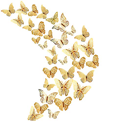 36 hohle Metallschmetterling 3D Aufkleber, Baby/Mädchen Raumdekor Aufkleber, DIY Wandaufkleber, Hochzeitsfeier abnehmbare Wandaufkleber (Gold) von SIKAMARU