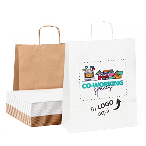 Pack 25 weiße Papiertüten mit Logo personalisiert | Achten Sie auf die Präsentation Ihrer Geschenke | Papiertüten mit Griffen für Hochzeiten, Geschäfte, Weihnachten | Große Tüte 32 x 40 x 12 cm von SILABA TONICA