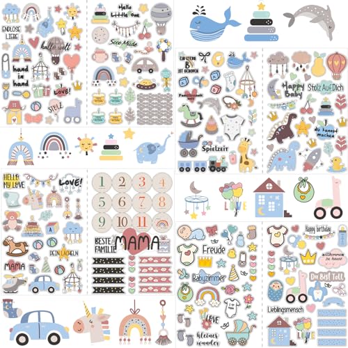 Aufkleber für Kinder und Baby Fotoalben, SILARLAIT Stickers Babyalbum, 4 Bögen DIN-A4 DIY Scrapbooking Sticker zum Basteln für Geschenke Karten Kalender, Aufkleber für Babyshower Babyparty (Blau) von SILARLAIT