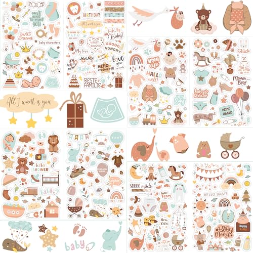 Aufkleber für Kinder und Baby Fotoalben, SILARLAIT Stickers Babyalbum, 4 Bögen DIN-A4 DIY Scrapbooking Sticker zum Basteln für Geschenke Karten Kalender, Aufkleber für Babyshower Babyparty (Boho) von SILARLAIT