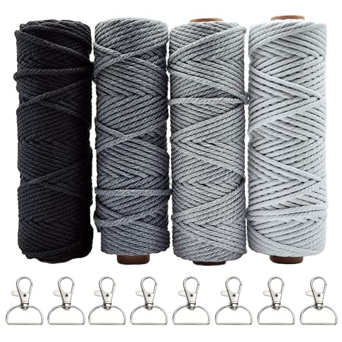 Makramee Garn Set, 4er SILARLAIT Makramee Garn 3mm 50m mit 8 Schlüsselanhänger, Makramee Garn Bunt Set, Makramee Baumwollgarn für DIY Handwerk, Dekoration für Wohnzimmer Balkon Wand (Grau) von SILARLAIT