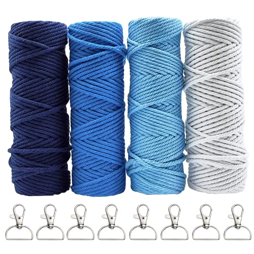 Makramee Garn Set, 4er SILARLAIT Makramee Garn 3mm 50m mit 8 Schlüsselanhänger, Makramee Garn Bunt Set, Makramee Baumwollgarn für DIY Handwerk, Dekoration für Wohnzimmer Balkon Wand (Blau) von SILARLAIT