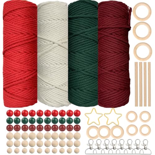 Makramee Garn Weihnachten 3mm, SILARLAIT Makramee Set Zubehör mit 60 Holzperlen, 8 Schlüsselanhänger, 10 Holzringe, 2 Metallsterne, 4 Holzstäbchen, Makrameegarn für Makramee Weihnachtsschmuck Basteln von SILARLAIT