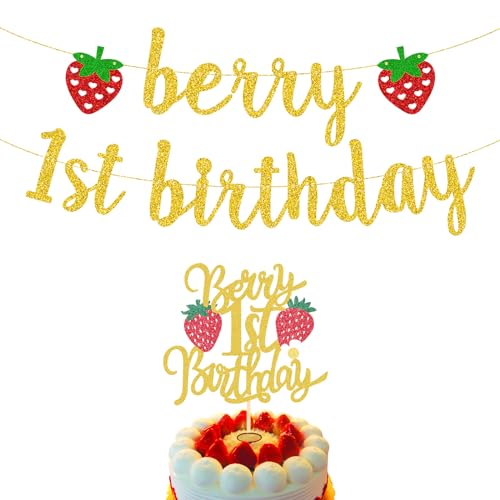 Berry First Birthday Banner Berry 1st Birthday Cake Topper for Berry First Birthday Decor Strawberry 1st Birthday Party Decorations Strawberry Theme Baby Shower (Gold Banner Cake Topper) von SILBLASSYU