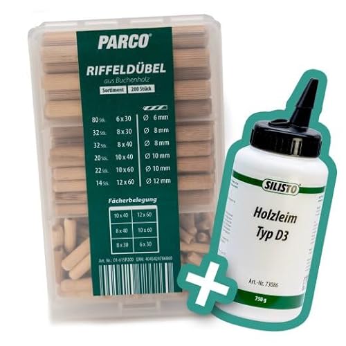 PARCO Riffeldübel und SILISTO Holzleim Set - Starke Holzverbindung für Haus, Garten und Werkstatt. Wasserbasierter Leim, 200 Dübel inklusive von SILISTO