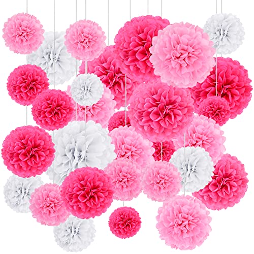 24Pcs Rosa Seidenpapier Pompons, Hochzeitsfestdekorationen Pom Pom Hängende Girlande Papierblumenball für Geburtstagsdekoration Babydusche Valentinstag Hochzeitsfeierzubehör（6"8"10"12"） von SIMDAO