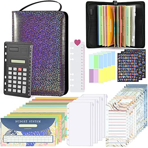 A6 Budget Binder mit Reißverschluss, mit 12 Pcs Binder Taschen, 12 Budgetplanungsblätte, 80 Budget-Beilagen, Englische Aufkleber, Lineal und Haftnotizen, Für Financial Planner von SIMDAO