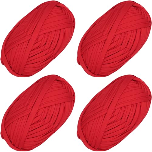 4 PCS Anfänger T-Shirt Garn elastischen Stoff häkeln Tuch Garn für DIY Stricken, Spaghetti Garn dicke Strickgarn für Hand DIY Tasche Decke Kissen Häkeln Projekte, Home Decor(Rot) von SIMEIQI