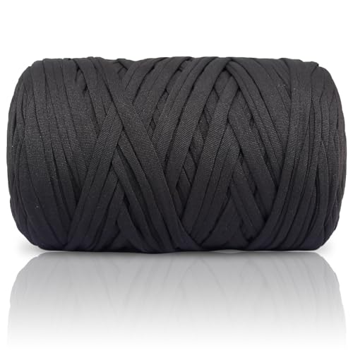 400g T-Shirt Garn elastische Stoff häkeln Tuch Garn für DIY Stricken, 130 Yards Spaghetti Garn dicke Strickgarn für Hand DIY Tasche Korb Kissen Häkeln Projekte, Home Decor（Schwarz） von SIMEIQI