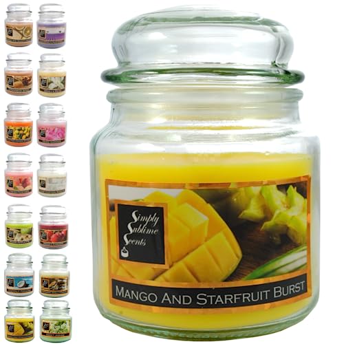 SIMPLY SUBLIME SCENTS - Luxus Duft Kerze - Hochwertige Duftöle - Bis zu 76 Stunden - Mango und Sternfrucht Burst - Baumwolldocht - Duftkerze im Glas Jar - Mittelgroß - Gelb von SIMPLY SUBLIME SCENTS