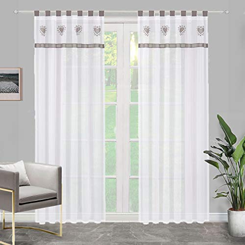 SIMPVALE 2er Set Vorhänge mit Schlaufen - Gardine Voile mit süßem Herz Stickerei - Fensterbehandlung für Schlafzimmer Wohnzimmer Kinderzimmer Balkon, Grau, 140x145cm von SIMPVALE