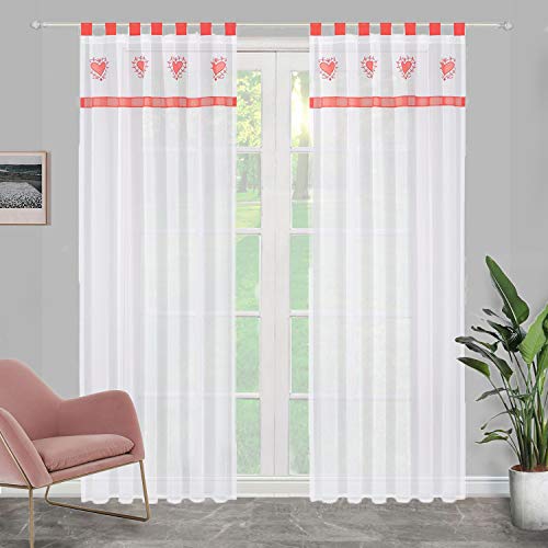 SIMPVALE 2er Set Vorhänge mit Schlaufen - Gardine Voile mit süßem Herz Stickerei - Fensterbehandlung für Schlafzimmer Wohnzimmer Kinderzimmer Balkon, Rot, 140x175cm von SIMPVALE