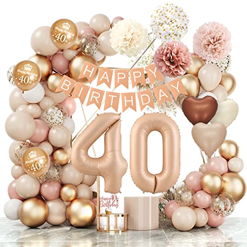 40 Jahre Geburtstagsdeko Ballon, Boho Luftballon Beige Happy Birthday Girlande Ballons Beige Vintage Rosa Weiß Konfetti Luftballons Pompon Geburtstag Dekoration für Boho Geburtstag Frauen Mädchen von SIMSPEAR