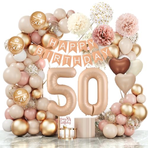 50 Jahre Geburtstagsdeko Ballon, Boho Luftballon Beige Happy Birthday Girlande Ballons Beige Vintage Rosa Weiß Konfetti Luftballons Pompon Geburtstag Dekoration für Boho Geburtstag Frauen Mädchen von SIMSPEAR