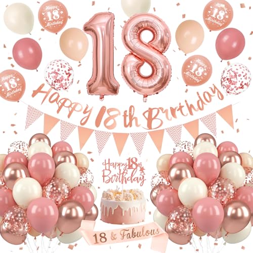 Deko 18 Geburtstag Mädchen, Luftballons Zum 18. Geburtstag Roségold mit Banner 18. Geburtstag, Schärpe Zum 18. Geburtstag, Folienballon mit Der Zahl 18 für Party Deko 18 Jahre Geburtstag Mädchen von SIMSPEAR