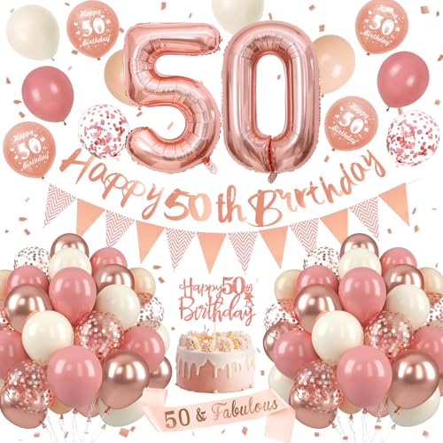 Deko 50 Geburtstag Frau, Luftballons Zum 50. Geburtstag Roségold mit Banner 50. Geburtstag, Schärpe Zum 50. Geburtstag, Folienballon mit Der Zahl 50 für Party Deko 50 Jahre Geburtstag Frauen von SIMSPEAR