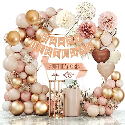 Geburtstagsdeko Ballon, Boho Luftballon Beige Happy Birthday Girlande Ballons Beige Roségold Luftballons Pompon Geburtstag Dekoration für Boho Geburtstag Frauen Mädchen von SIMSPEAR