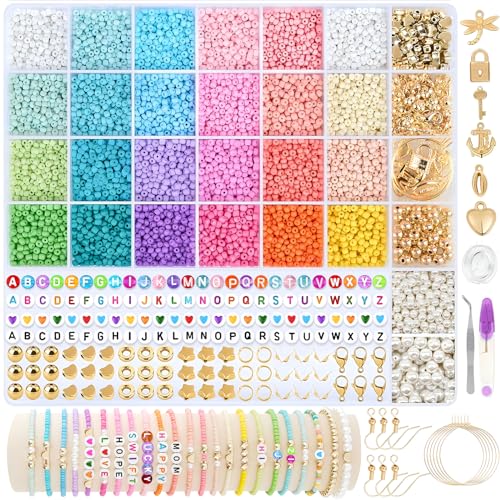 Perlen für Armbänder, 13135 Stück Perlen Set Armbänder Selber Machen, Schmuck Selber Machen Set mit 24 Farben Glasperlen, Buchstabenperlen, Anhänger Charms Set, Diy Bastelgeschenk für Teenager Mädchen von SIMSPEAR