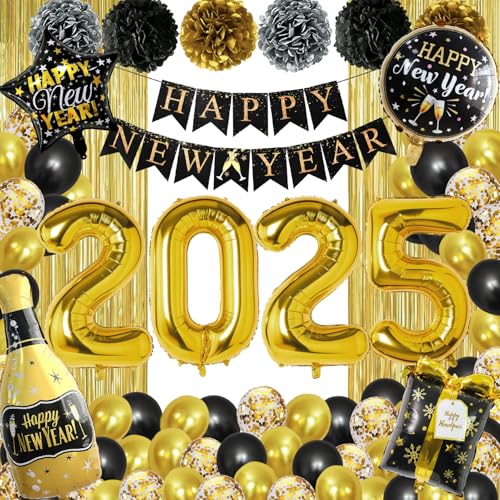 Silvester Deko Party 2025, Deko Silvester Party 2025 Schwarz Gold Luftballons Set mit 2025 Luftballons, Happy New Year Banner, Neujahrsballon, Champagner und Geschenkbox Ballon für Neujahr Deko 2025 von SIMSPEAR