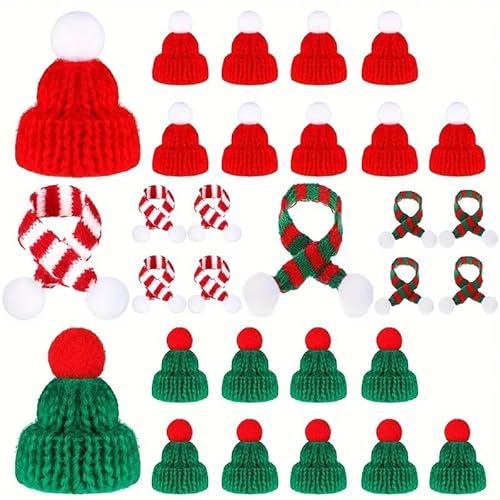 SINGBUNY Mini-Weihnachtsmütze und Schal, 20-teiliges Set, rote und grüne Strickornamente, perfekt für Bastelarbeiten, Baumschmuck und Schneemann-Dekorationen von SINGBUNY