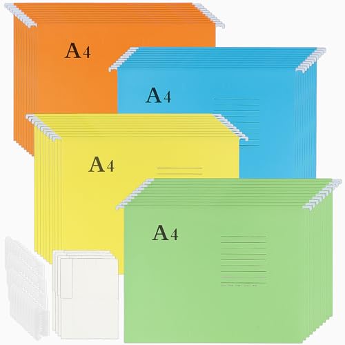 SINJEUN Hängemappen, A4, 4 Farben, Hängemappen, Aktenschrank-Trennblätter für Organisation, Orange, Gelb, Blau, Grün, 40 Stück von SINJEUN