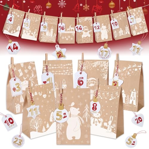 SINSOM Adventskalender zum Befüllen -Kinder Adventskalender Selber Befüllen 2024 Papiertüten Adventskalender Tüten mit Numerisch Hangtags,DIY 24 Adventskalender Säckchen Groß zum Weihnachten Geschenke von SINSOM