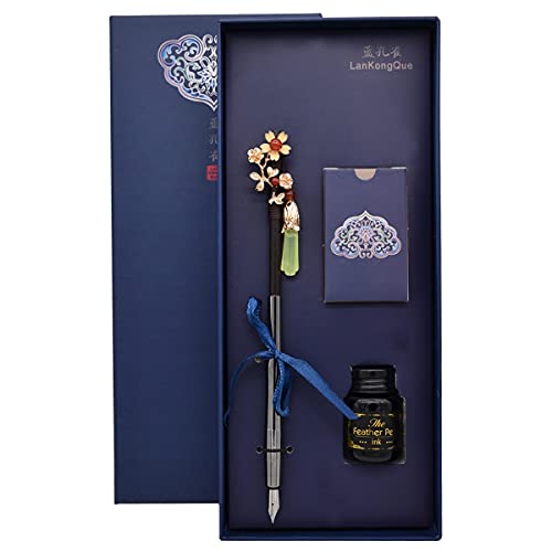 SIPLIV Füllfederhalter-Tinten-Set, chinesischer Haarstab, Retro-Stil, Füllfederhalter mit Tintenkonverter, schwarzer Flaschentinte und 5 Farbtintenpatronen, blaue Geschenkbox, goldene Blume von SIPLIV