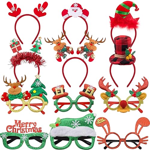 SIQUK 12 Stück Weihnachten Haarreifen Weihnachten Brille Rahmen Set, Stirnbänder Weihnachten Brillen Weihnachts Kopfschmuck Weihnachtsbaum Brillenrahmen für Weihnachs Party Kostüm von SIQUK