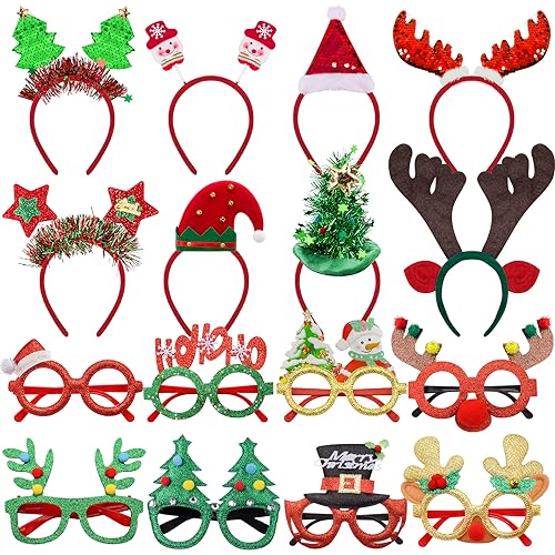 SIQUK 16 Stück Haarreifen Weihnachten Stirbnband Weihnachten Brillen Rahmen Weihnachts Kopfschmuck Weihnachtsbaum Brillenrahmen Weihnachts Dekoration für Weihnachs Party Kostüm von SIQUK